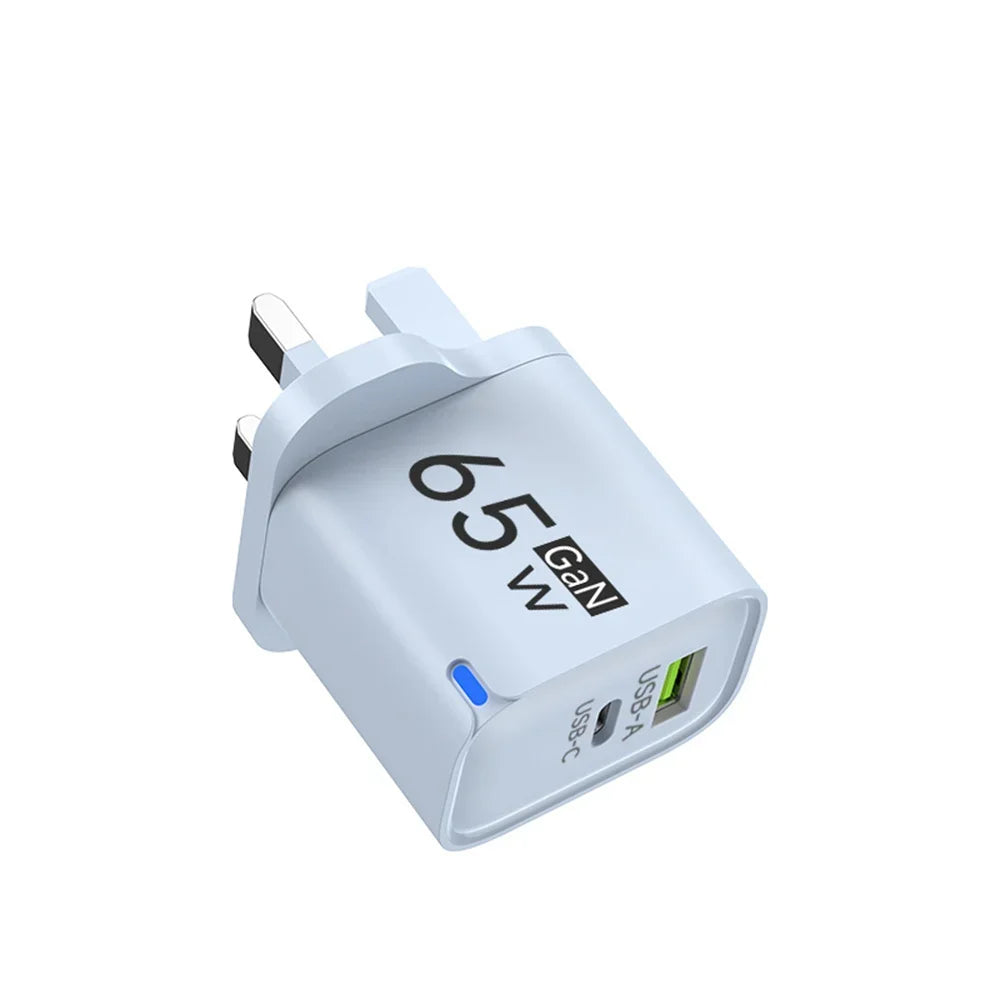65W GaN 3-Port Wall Charger | PD & QC3.0 Fast Charging GaN Wall Charger QXL Blue US Plug