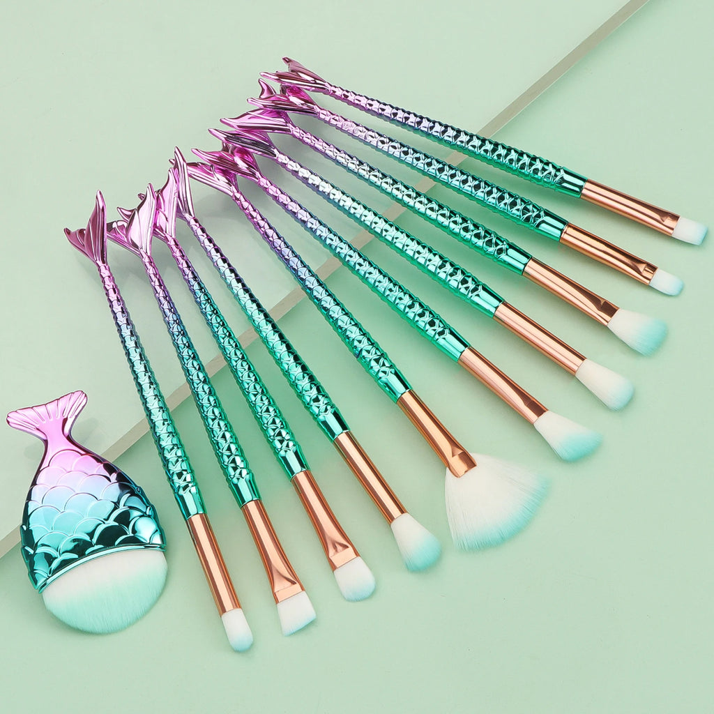 11-Pc Mermaid Makeup Brush Set | Fish Scale Gradient Handles Makeup Brush Set QXL