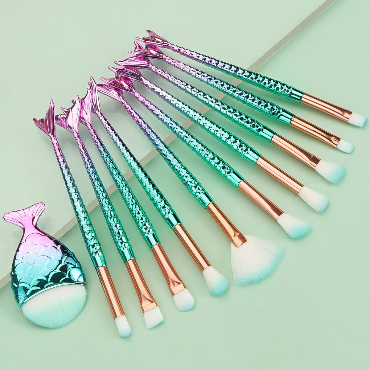 11-Pc Mermaid Makeup Brush Set | Fish Scale Gradient Handles Makeup Brush Set QXL