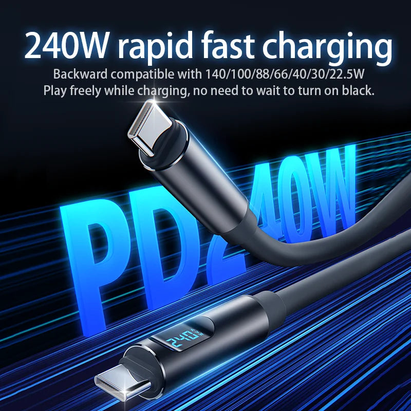 240W USB-C Fast Charging Cable with Digital Display | 6A USB-C Charging Cable QXL