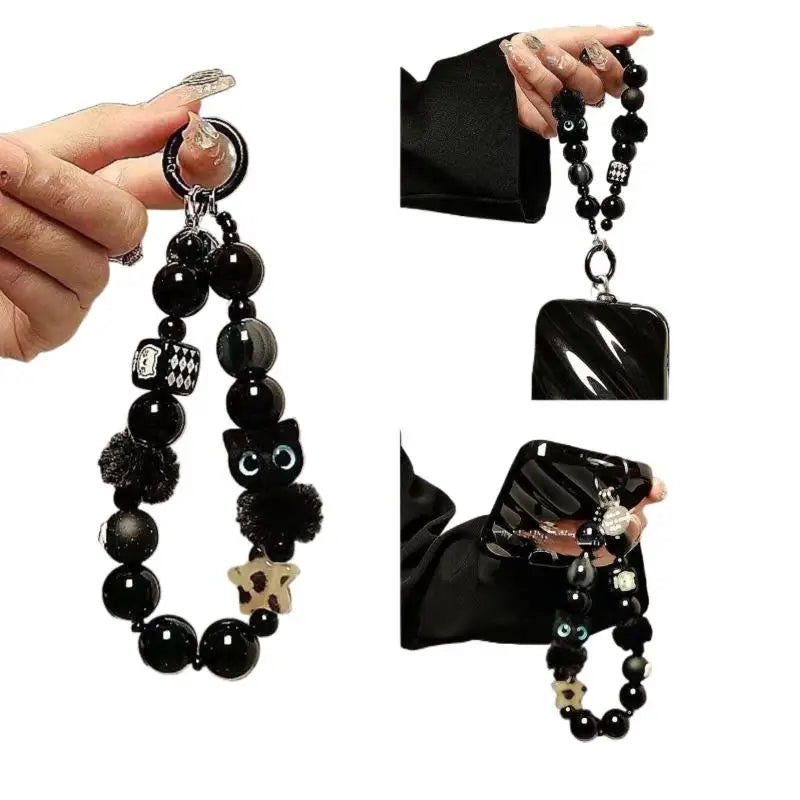 Black Fluffy Cat Phone Strap | Beaded Wrist Chain & Bag Charm Phone Wrist Strap QXL