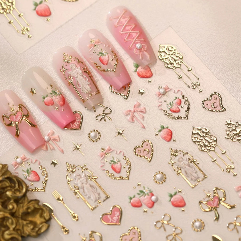 5D Sweet Dessert Nail Stickers | Gold, Strawberry & Bow Decals Nail Art Stickers QXL