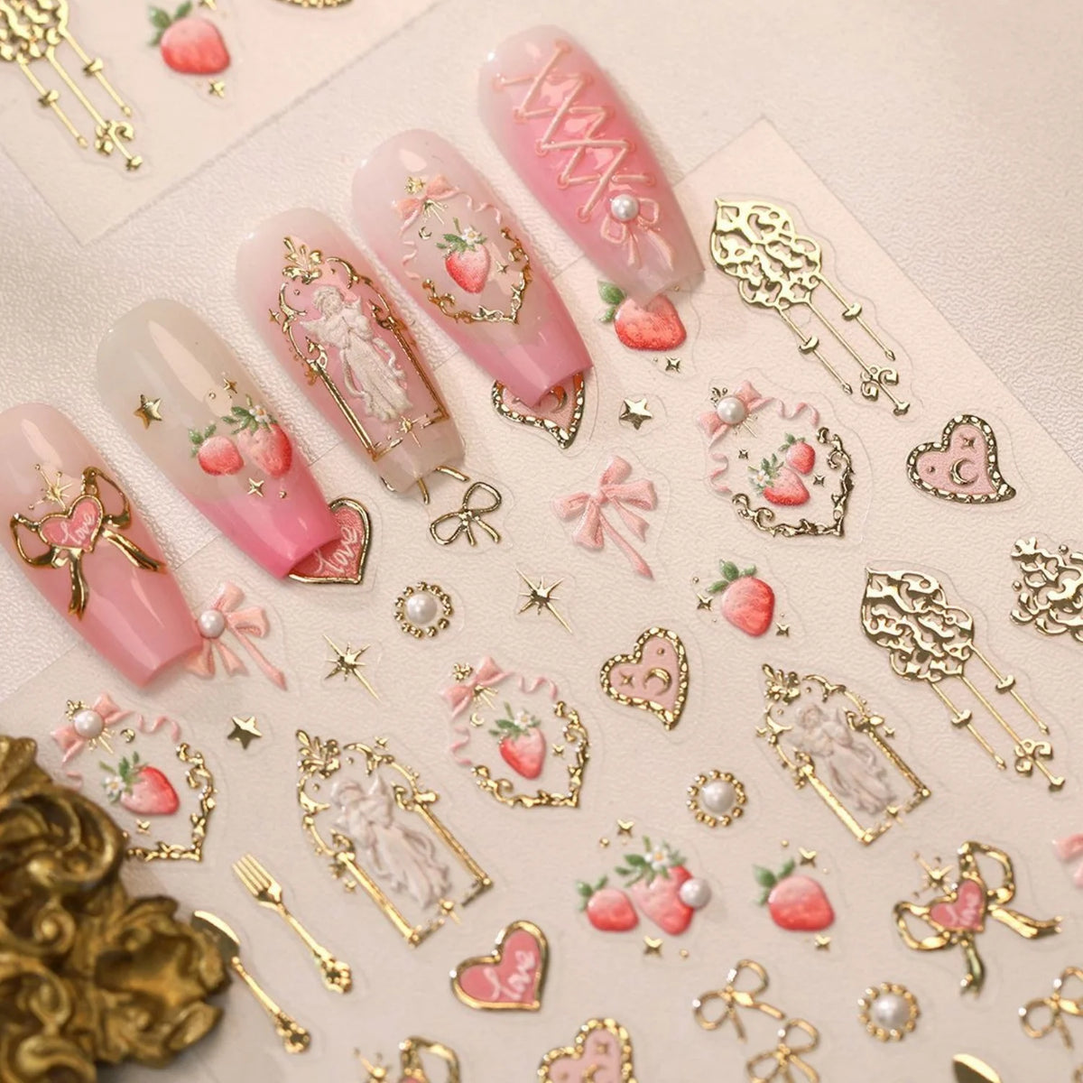 5D Sweet Dessert Nail Stickers | Gold, Strawberry & Bow Decals Nail Art Stickers QXL