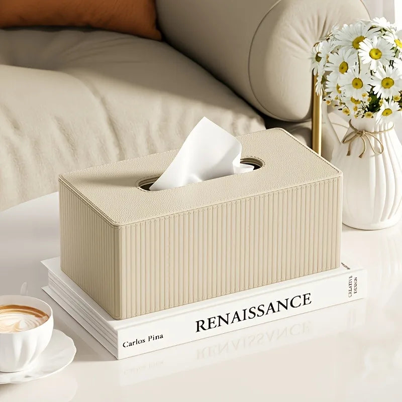 Luxury PU Leather Tissue Box Cover | Striped, 3 Colors Tissue Box Cover QXL milk tea color
