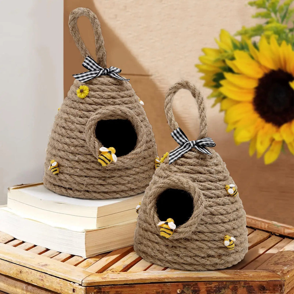 Handwoven Beehive Ornament | Rustic Honey Bee Figurine Decor Decorative Figurine QXL