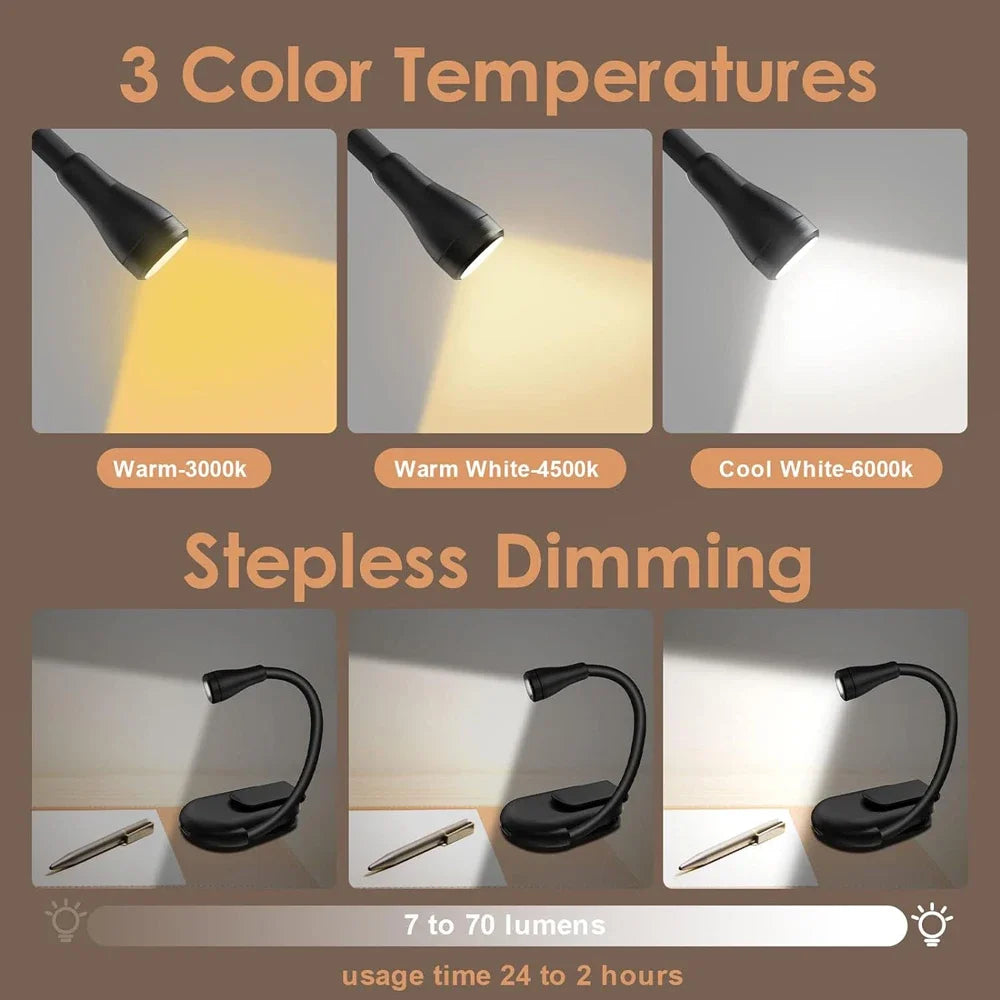 Rechargeable 3-Color Mini LED Clip Book Light | 360° Flex Neck Clip-On Book Light QXL
