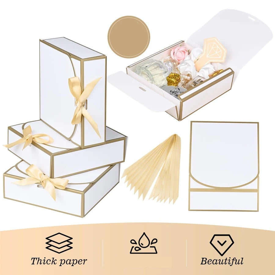 20-Pack White Gift Boxes with Lids – Gold Trim & Ribbon 6.5" Gift Box Set QXL