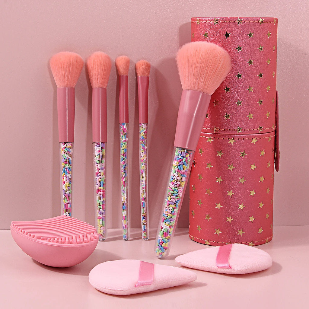 KOSSHOW 9-Piece Pink Makeup Brush Kit with Puffs & Holder Makeup Brush Set QXL