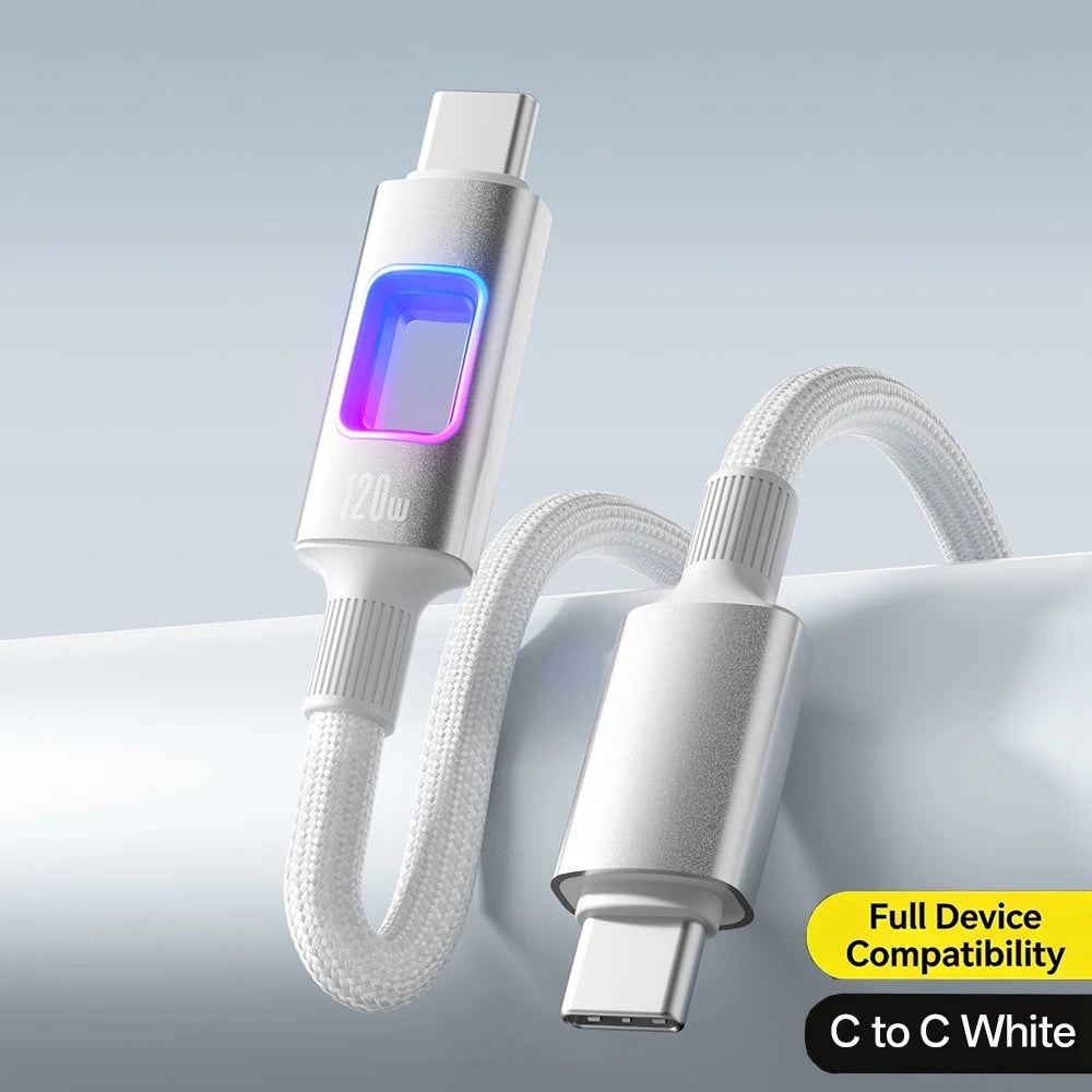 120W USB-C to C Fast Charging Braided Cable 6A PD Cord USB-C Charging Cable QXL WHITE 2m
