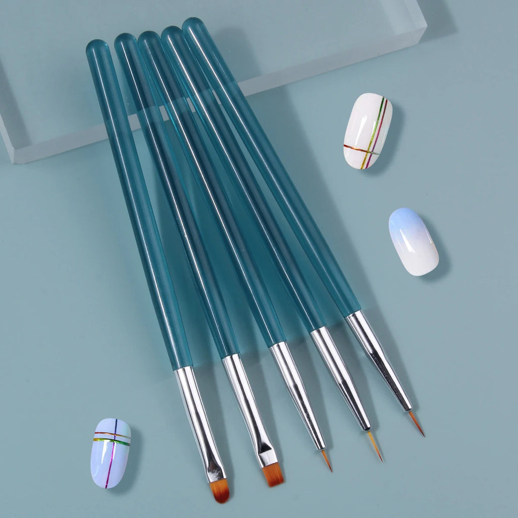 5-Piece Nail Art Brush Set | Teal Handle & Silver Ferrule Nail Art Brush Set QXL