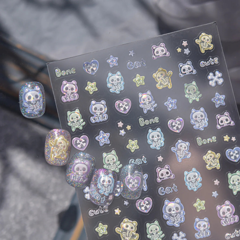 5D Holographic Y2K Nail Stickers | Gothic Cat Skull Heart Decals Nail Art Stickers QXL