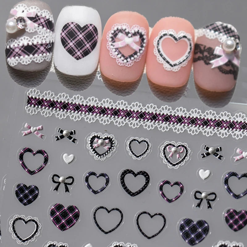 Japanese Lace Bow Nail Stickers | Pink Black White Nail Decals Nail Art Stickers QXL