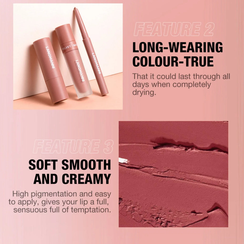 LANGMANNI 3-Pc Waterproof Matte Lip Kit – Liner & Lipstick Set Lip Makeup Kit QXL