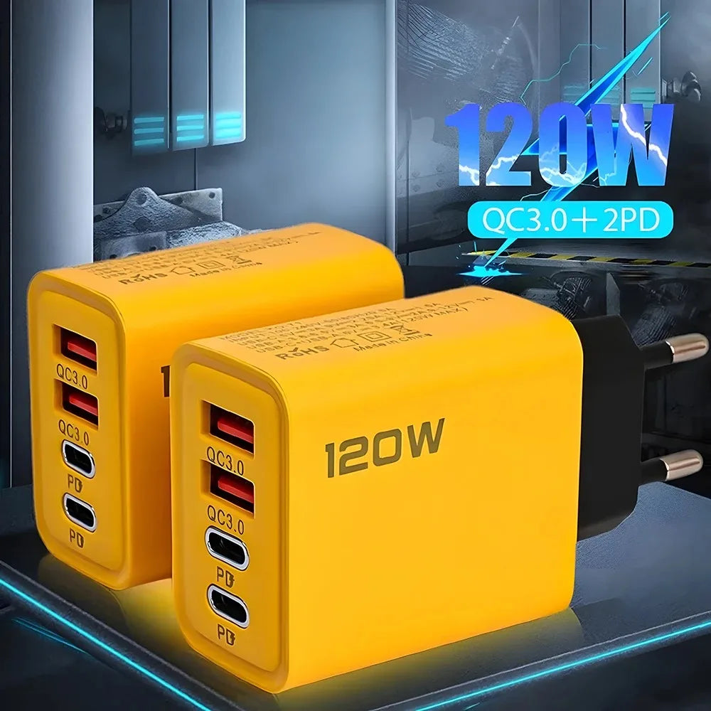 4-Port 120W USB PD Wall Charger | QC3.0 Type-C Fast Charge USB Wall Charger QXL