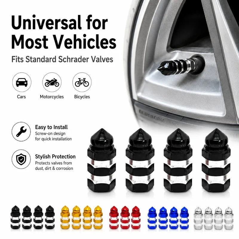 4-Pack Aluminum Tire Valve Stem Caps | Hex Dustproof Covers Tire Valve Caps QXL