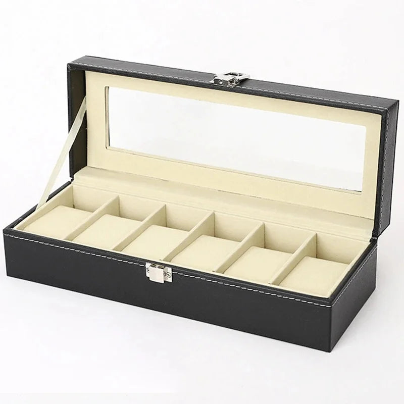 6-Slot PU Leather Watch Box with Glass Lid – Display & Storage Watch Display Box QXL