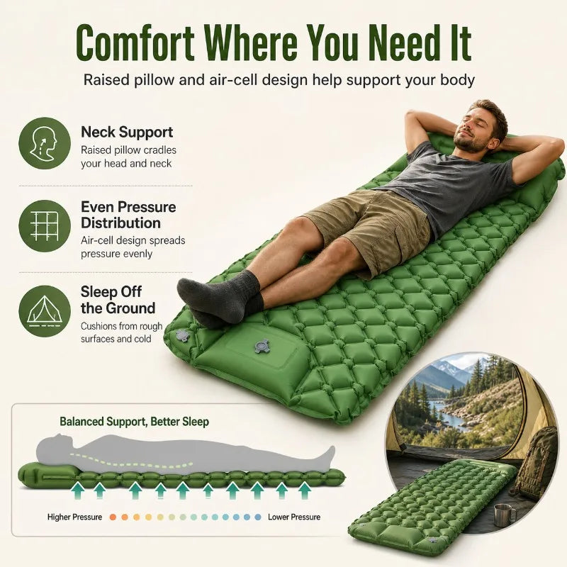 Camping Inflatable Sleeping Pad | Foot Pump & Pillow | TPU Inflatable Sleeping Pad QXL