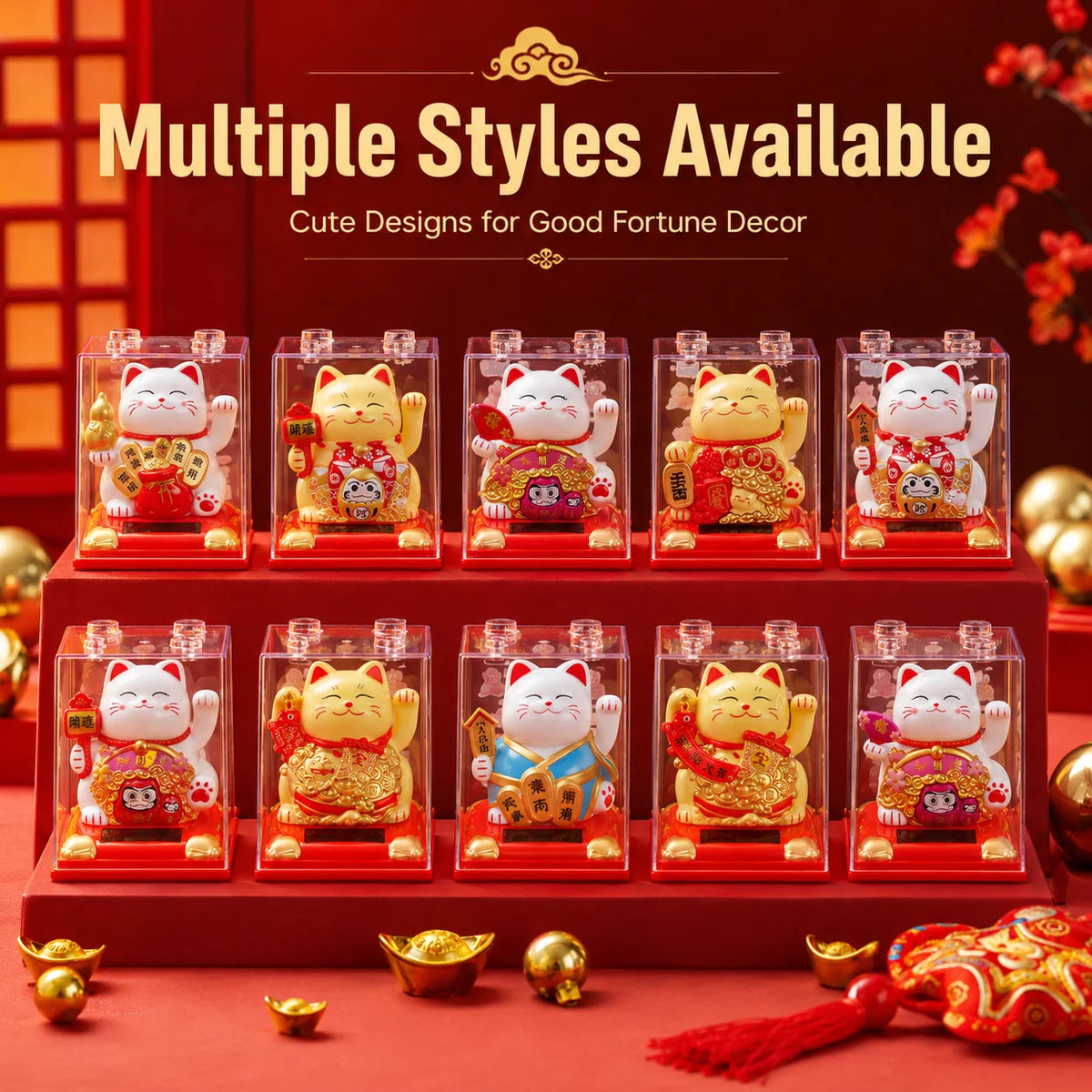 Solar Waving Lucky Cat | Maneki Neko Desk & Car Ornament Solar Figurine Ornament QXL