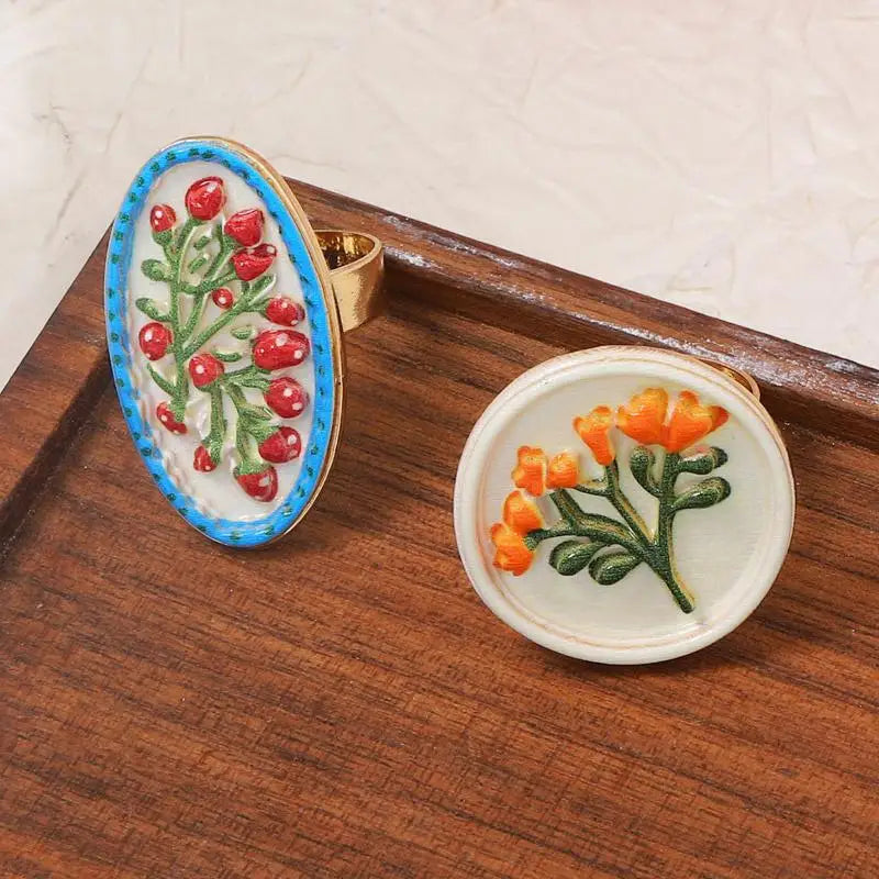 Bohemian Vintage Enamel Flower Adjustable Ring for Women Fashion Ring QXL