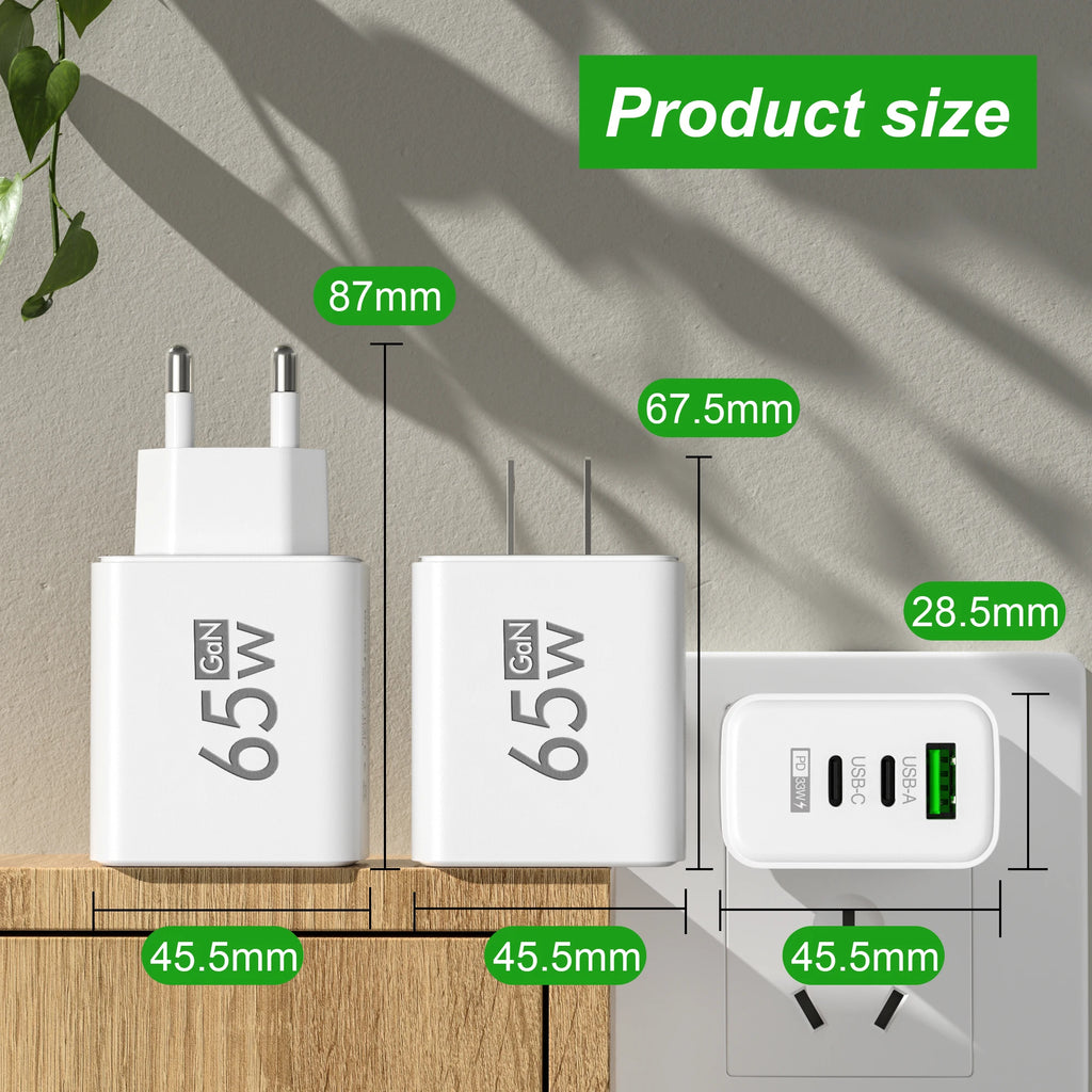 65W GaN USB-C Fast Charger USB PD QC3.0 | EU & US Plug GaN Wall Charger QXL