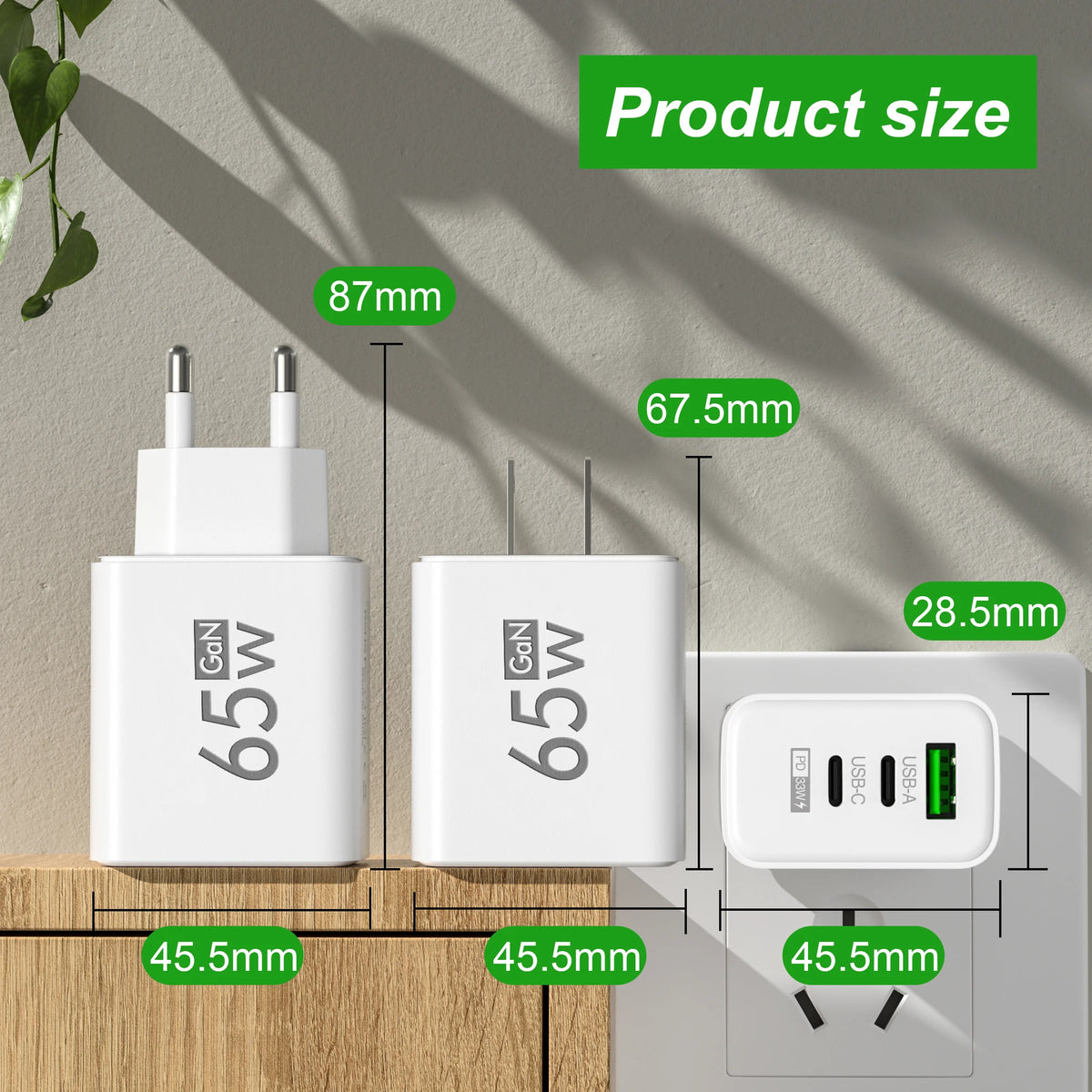 65W GaN USB-C Fast Charger USB PD QC3.0 | EU & US Plug GaN Wall Charger QXL