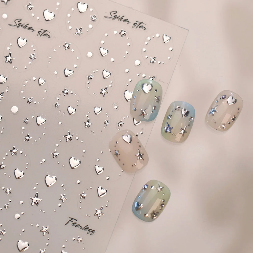 5D Silver Star & Heart Nail Art Stickers – Self-Adhesive Decals Nail Art Stickers QXL