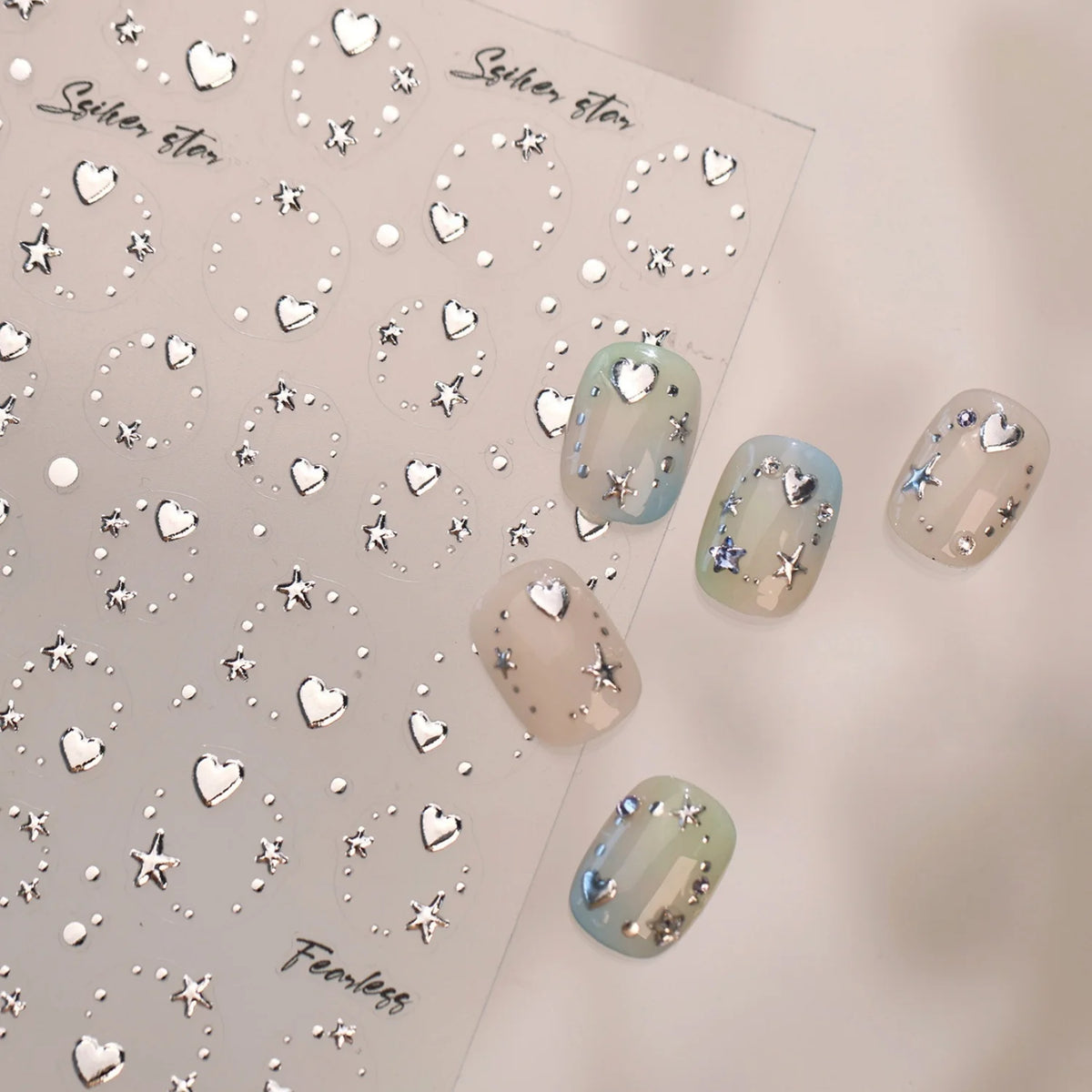 5D Silver Star & Heart Nail Art Stickers – Self-Adhesive Decals Nail Art Stickers QXL