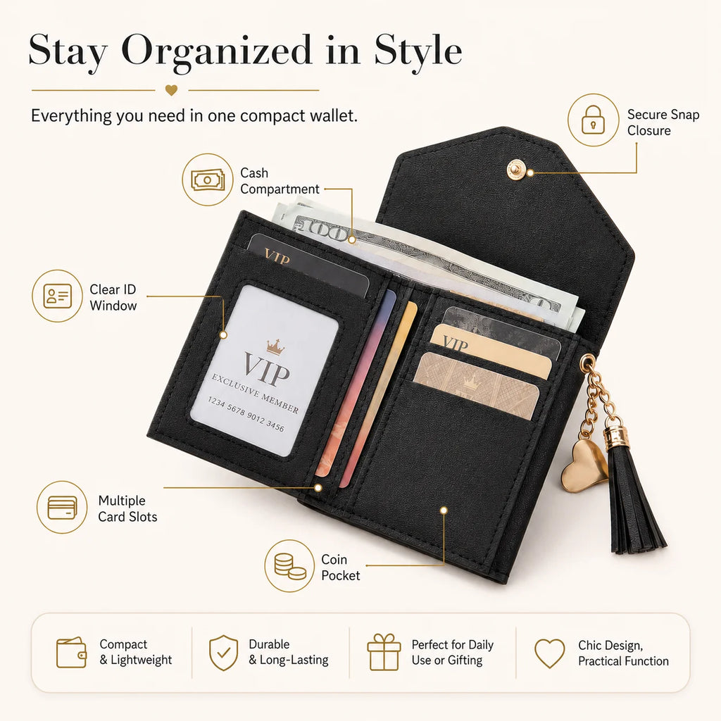 Women's Mini Clutch Wallet – Gold Snap, Tassel & Card Slots Mini Clutch Wallet QXL