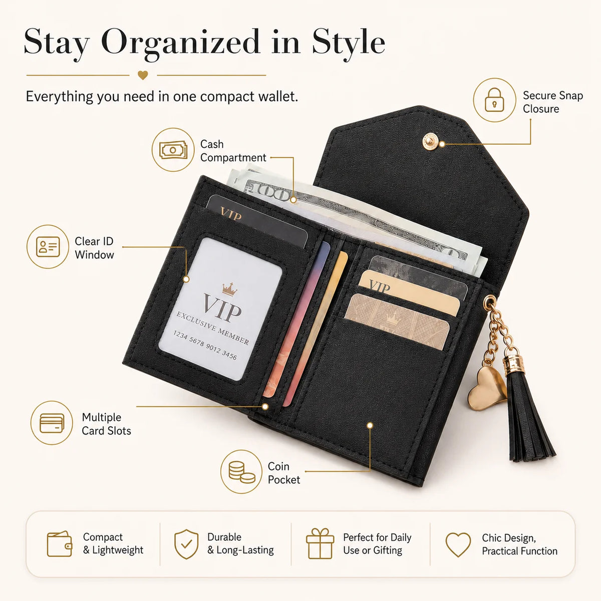Women's Mini Clutch Wallet – Gold Snap, Tassel & Card Slots Mini Clutch Wallet QXL