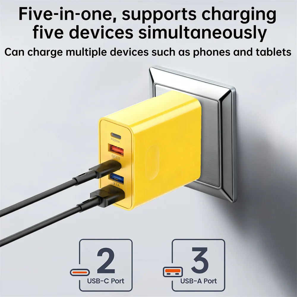 120W 5-Port USB-C Fast Charger PD Quick Charge 3.0 Wall Plug USB-C Wall Charger QXL