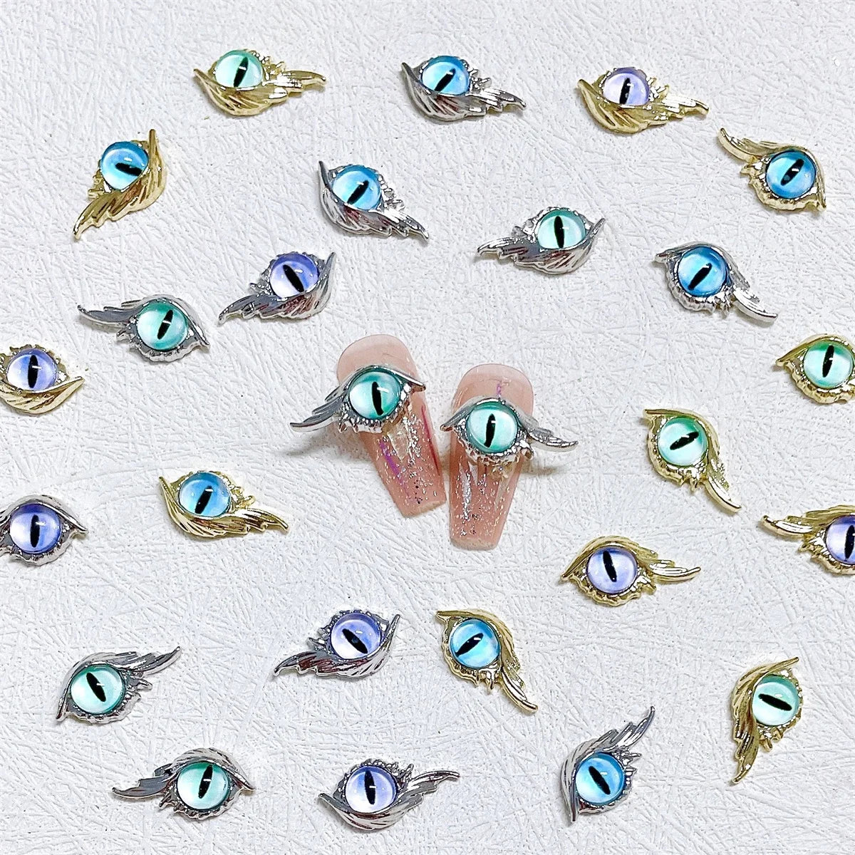 10-Pack 3D Alloy Eye Nail Charms | Punk Gold Silver Rhinestones Nail Art Charms QXL
