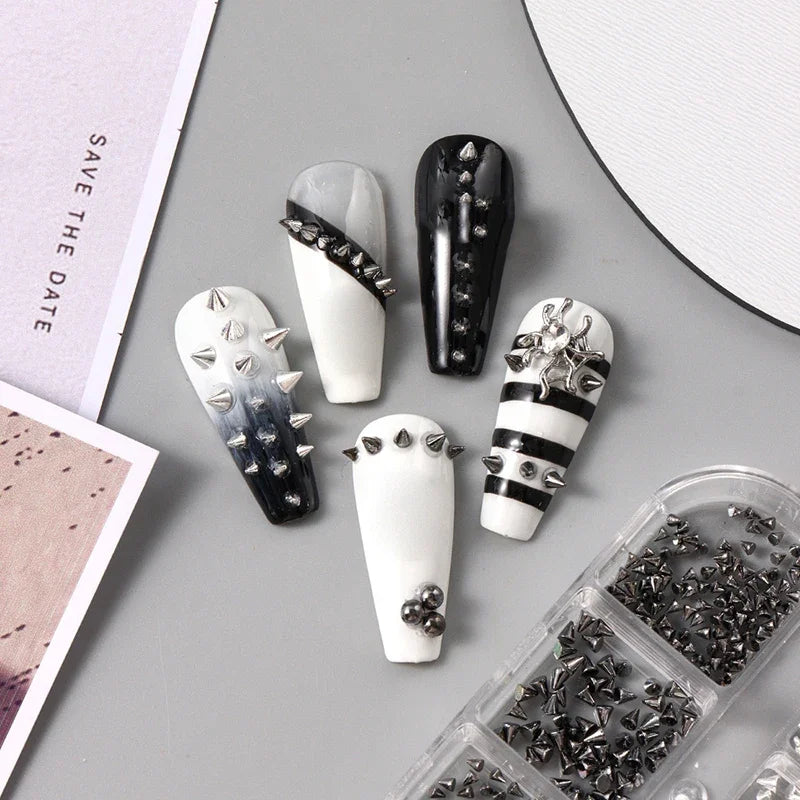 Y2K Punk Metal Rivet Nail Charms | 6-Grid Black & Silver Studs Nail Art Charms QXL