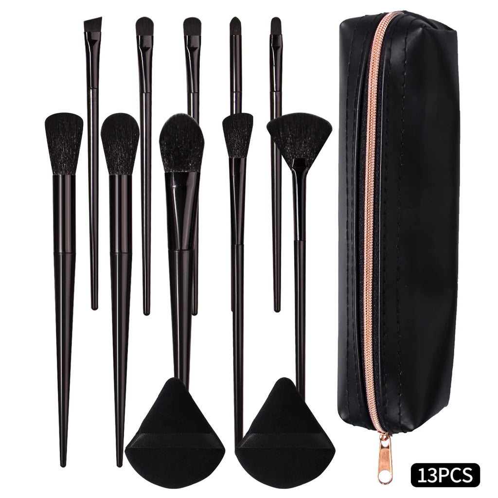 KOSSHOW 13-Pc Black Makeup Brush Set with Bag & Puffs Makeup Brush Set QXL black
