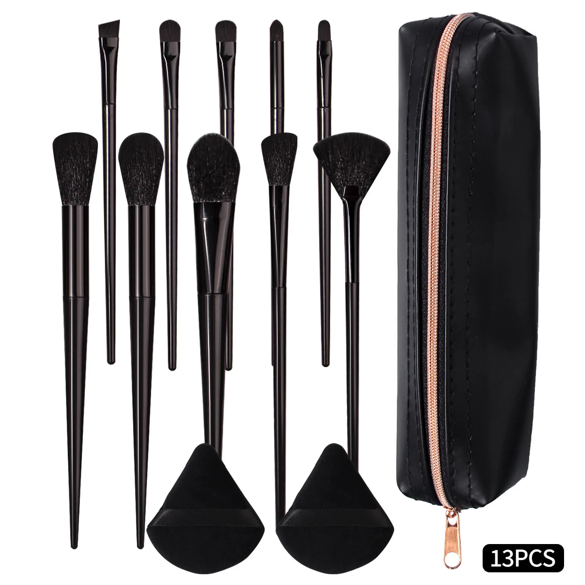 KOSSHOW 13-Pc Black Makeup Brush Set with Bag & Puffs Makeup Brush Set QXL black