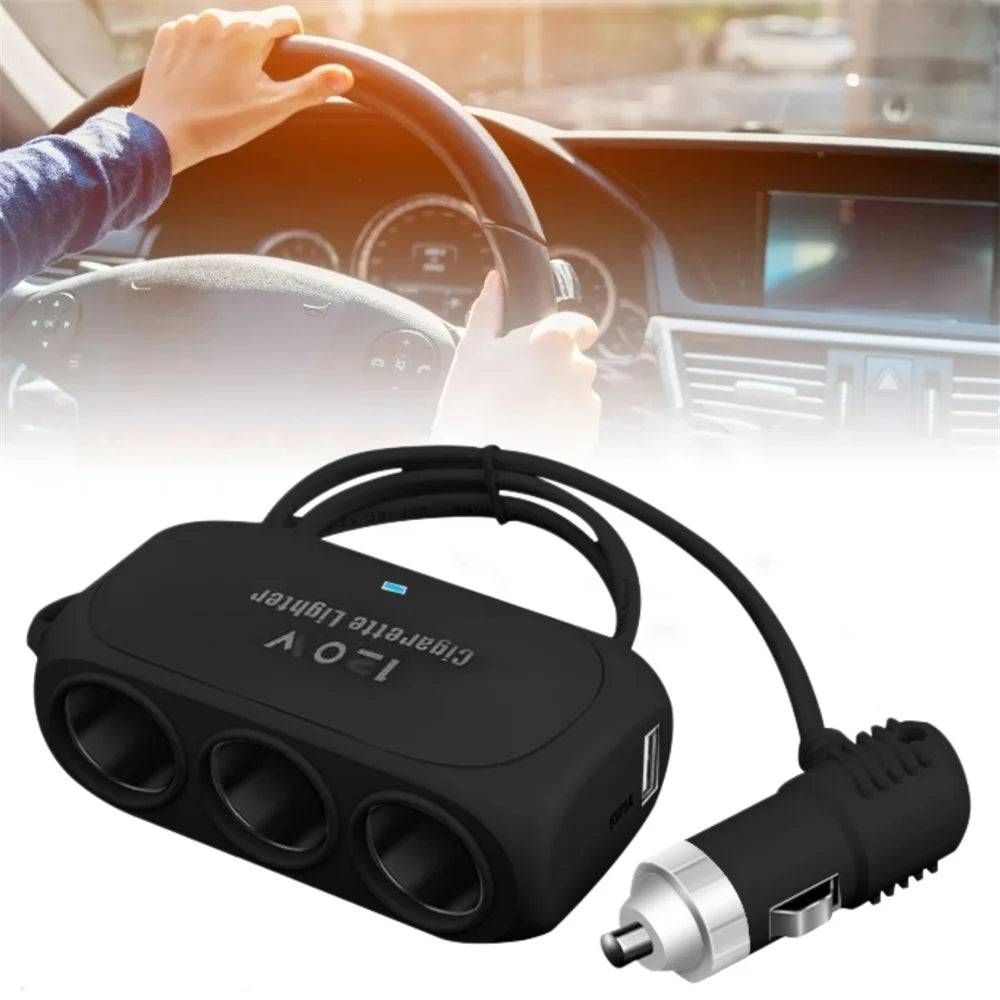 120W Car Cigarette Lighter Splitter 3-Socket USB-C Fast Charger Car Charger Splitter QXL