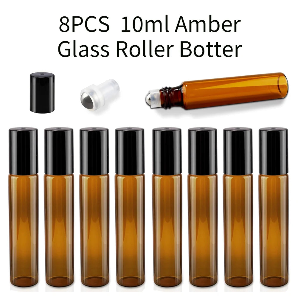 Amber Glass Roller Bottles 10ml | Essential Oils & Perfume 4/8 Pack Glass Roller Bottle QXL Glass 8PCS 10ml