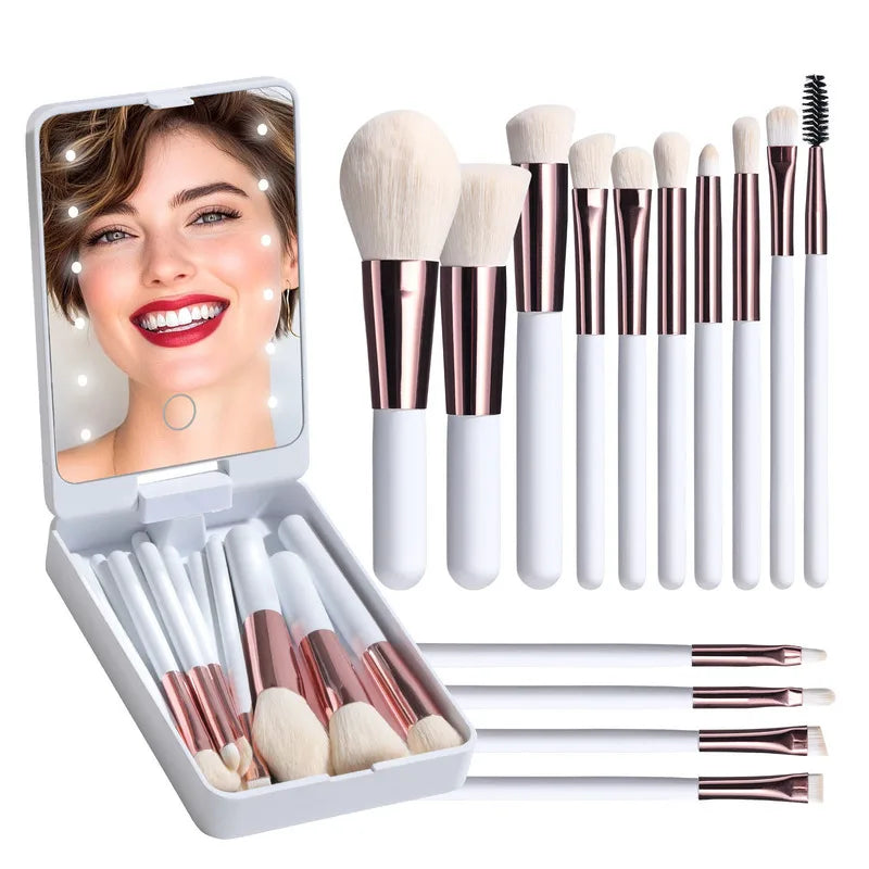 14-Pc Makeup Brush Set with Rechargeable LED Mirror Case Makeup Brush Set QXL
