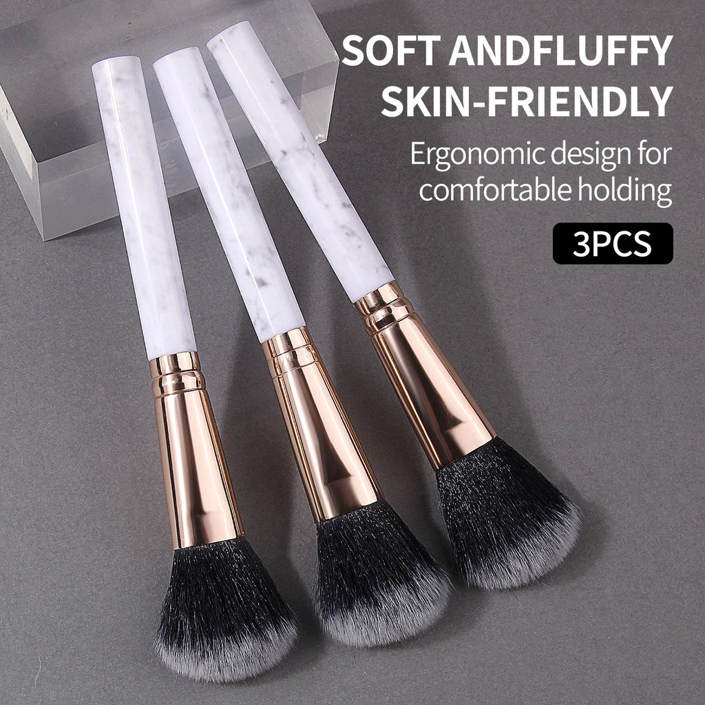 3-Piece Powder & Blush Brush Set | Marble Handle Rose Gold Makeup Brush Set QXL