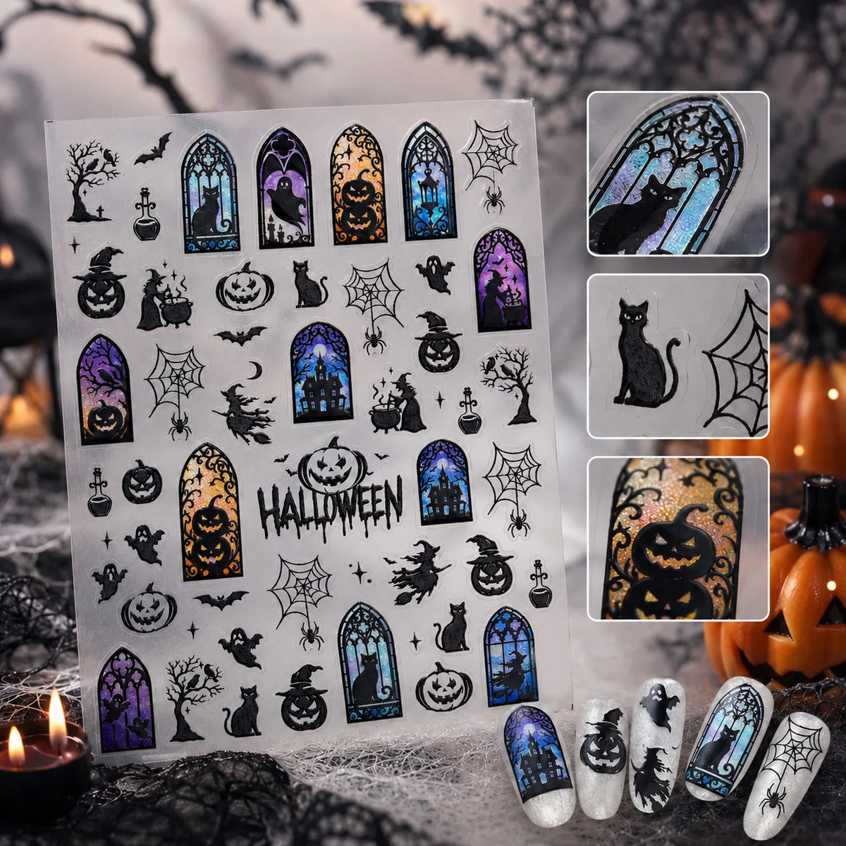 Halloween Gothic 5D Nail Stickers – Pumpkin Bat Spider Web Nail Art Stickers QXL