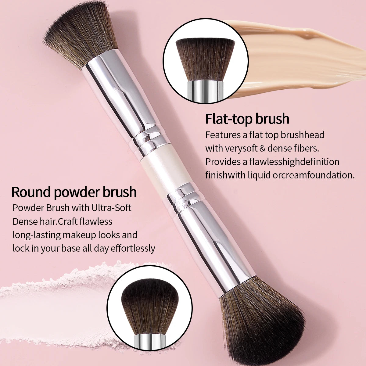 KOSSHOW Dual-Ended Makeup Brush | Foundation & Powder Dual-Ended Makeup Brush QXL Silver