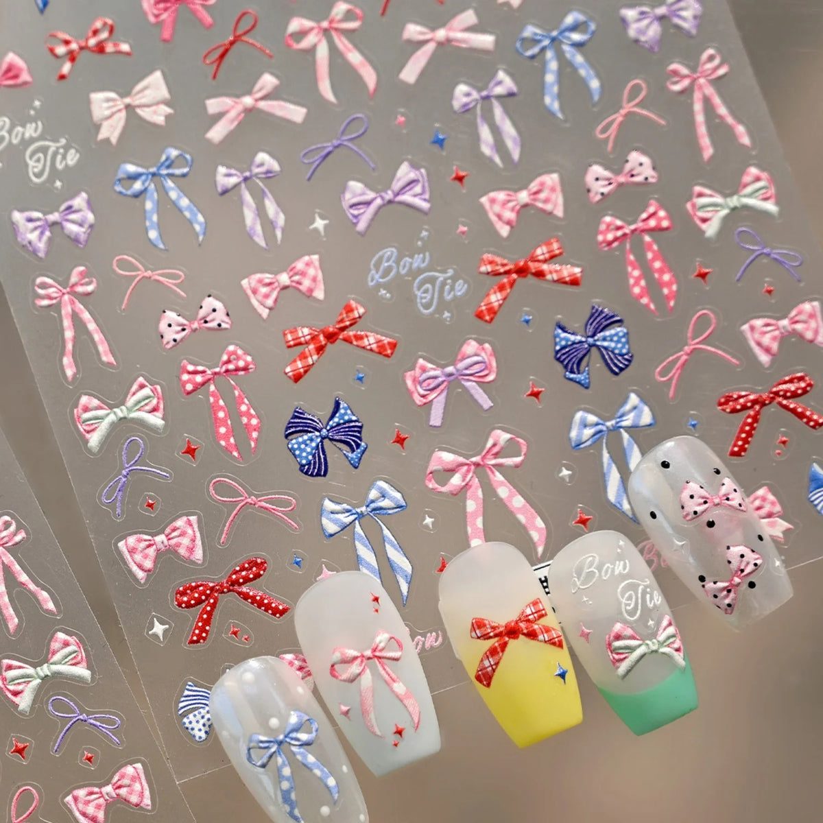 5D Vintage Bow Nail Stickers – Preppy Polka Dot & Plaid Decals Nail Art Stickers QXL
