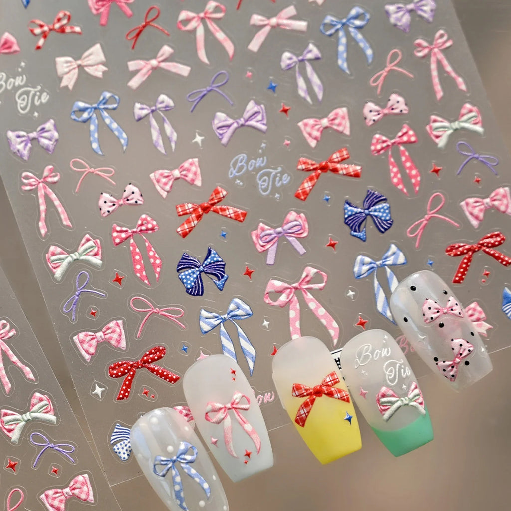 5D Vintage Bow Nail Stickers | Preppy Polka Dot & Plaid Decals Nail Art Stickers QXL