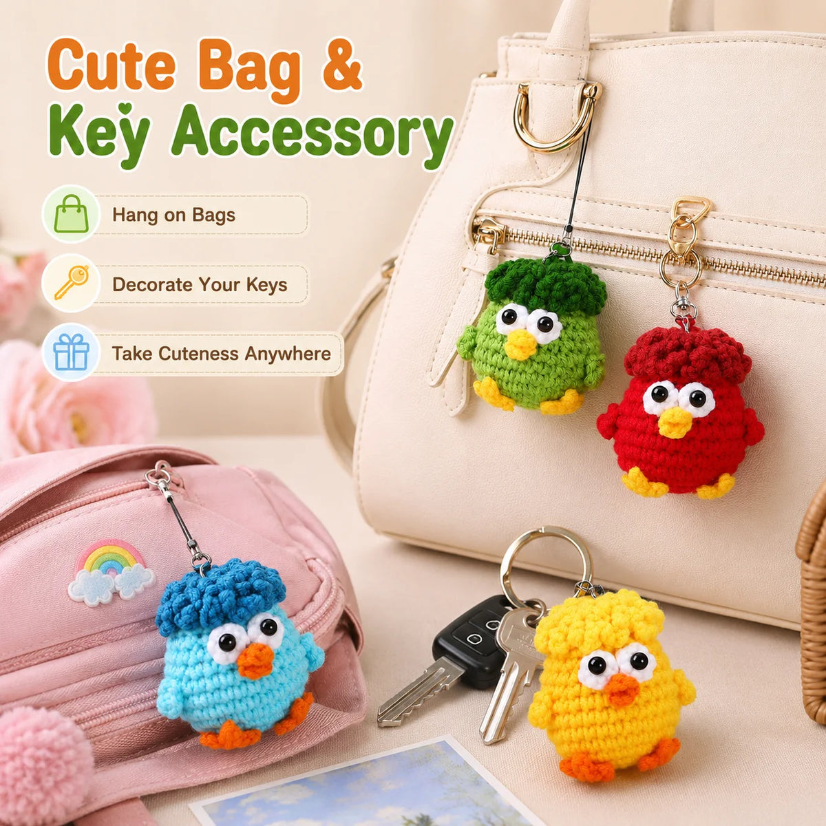Crochet Chick Keychain | Kawaii Knitted Bag Charm Pendant Novelty Bag Charm QXL