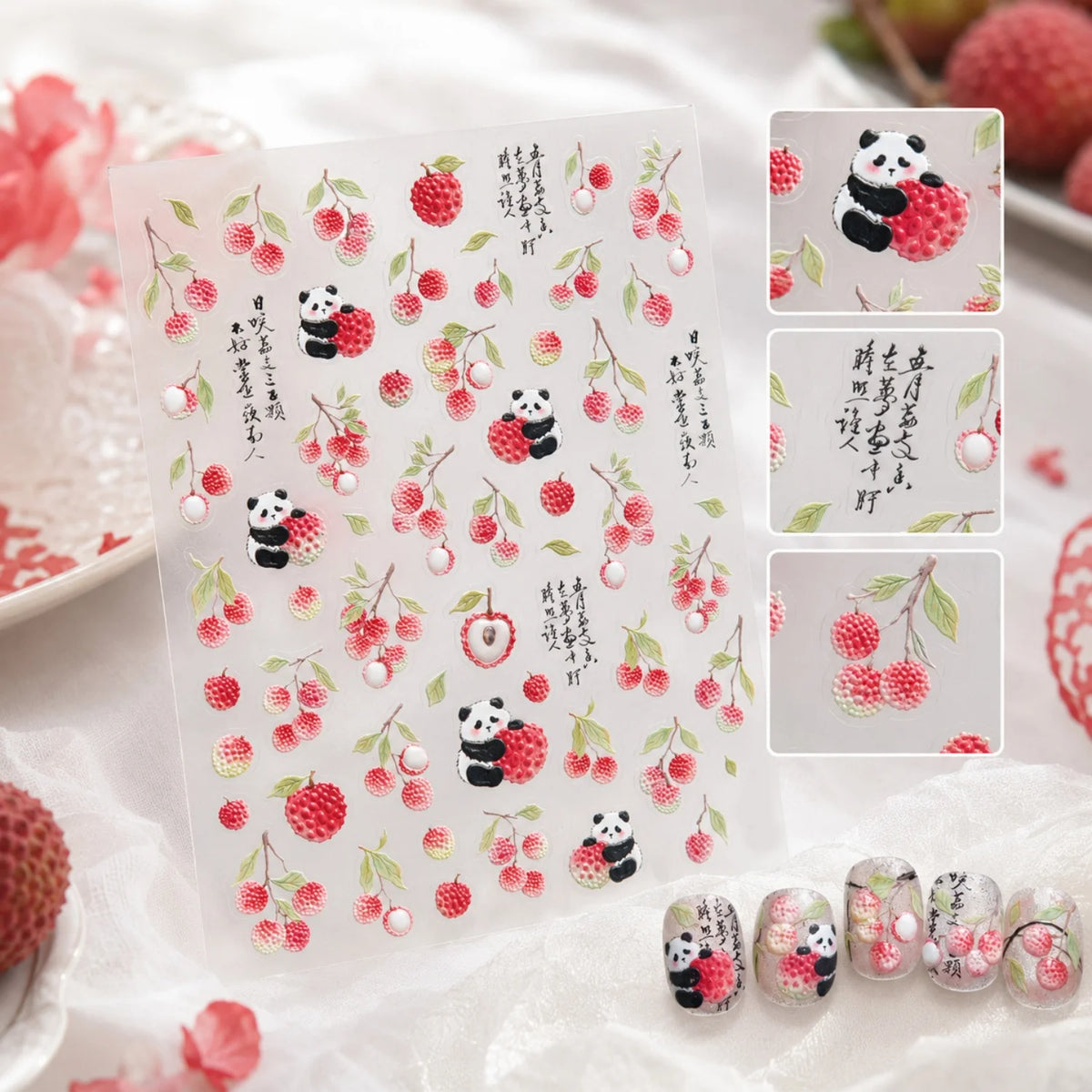 5D Embossed Nail Stickers – Panda, Litchi & Spring Decals Nail Art Stickers QXL