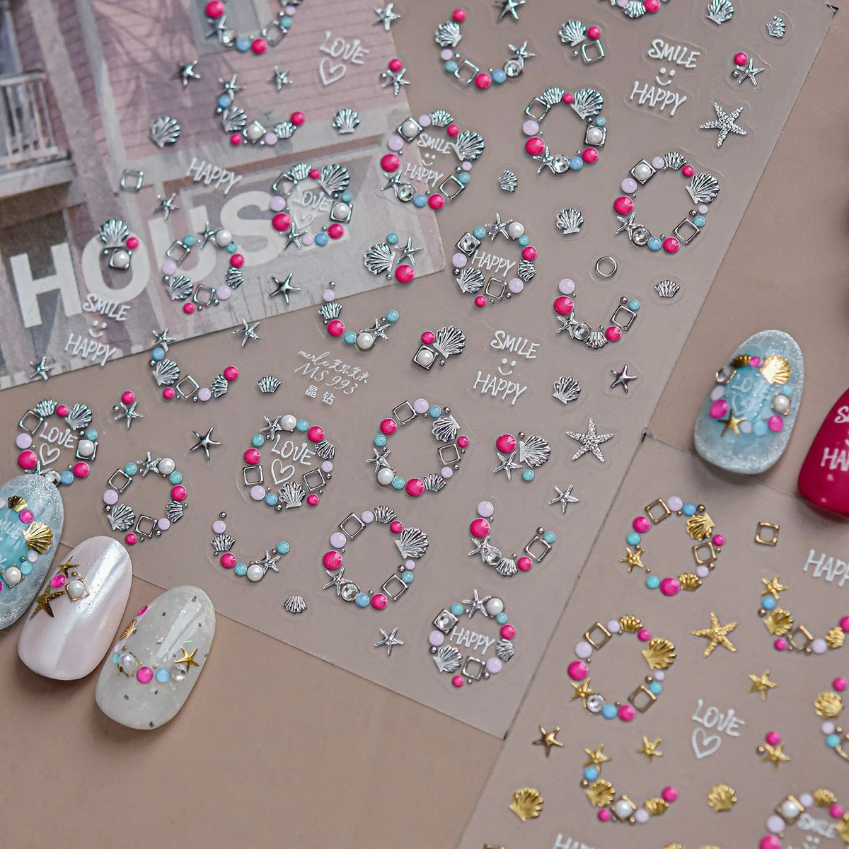 5D Ocean Nail Stickers – Pearl Shell Starfish Metal Frame Decals Nail Art Stickers QXL