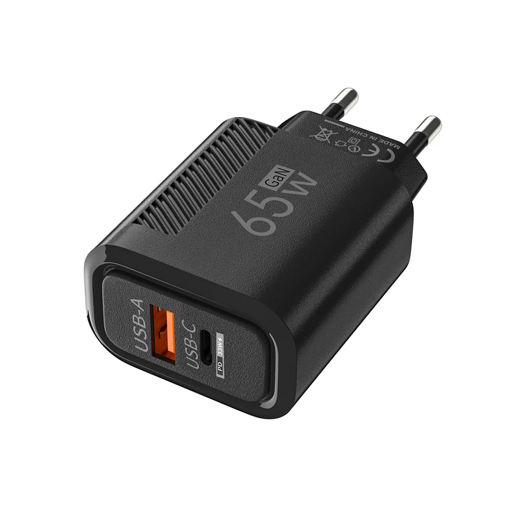 65W GaN USB-C Fast Charger | PD Wall Adapter EU/US Plug USB-C Wall Charger QXL EU BLACK