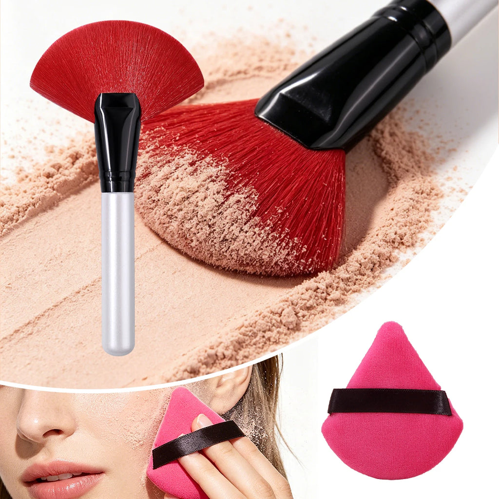 KOSSHOW Fan Brush & Powder Puff Set | Highlighter & Powder Makeup Brush Set QXL