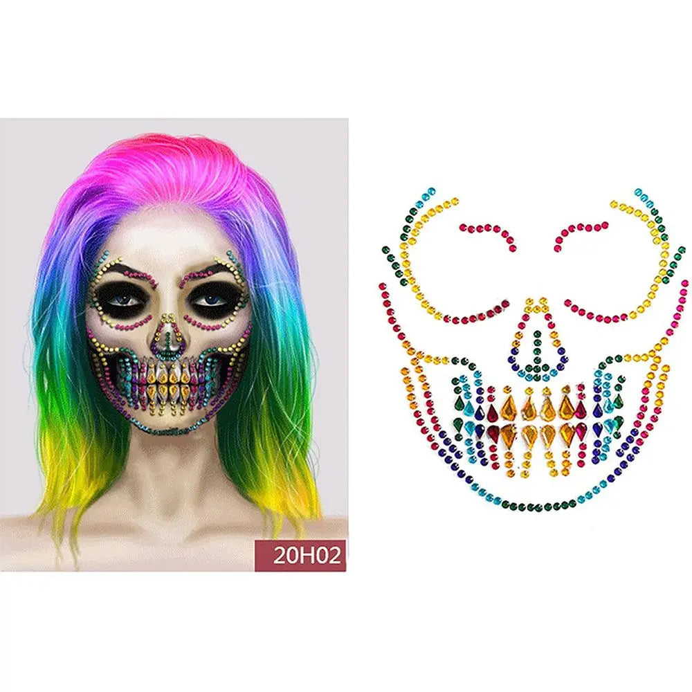 Halloween Skull Temporary Face Tattoo & Crystal Stickers Temporary Face Sticker QXL