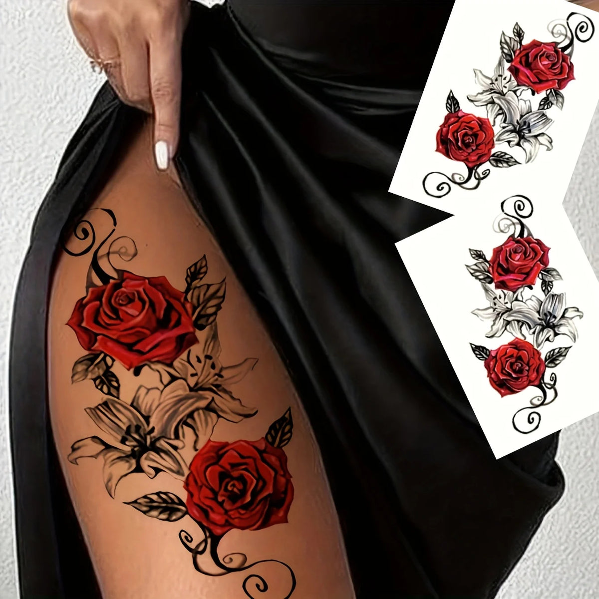 Red Rose & Snake Waterproof Temporary Tattoos | Transfer Set Temporary Tattoos QXL