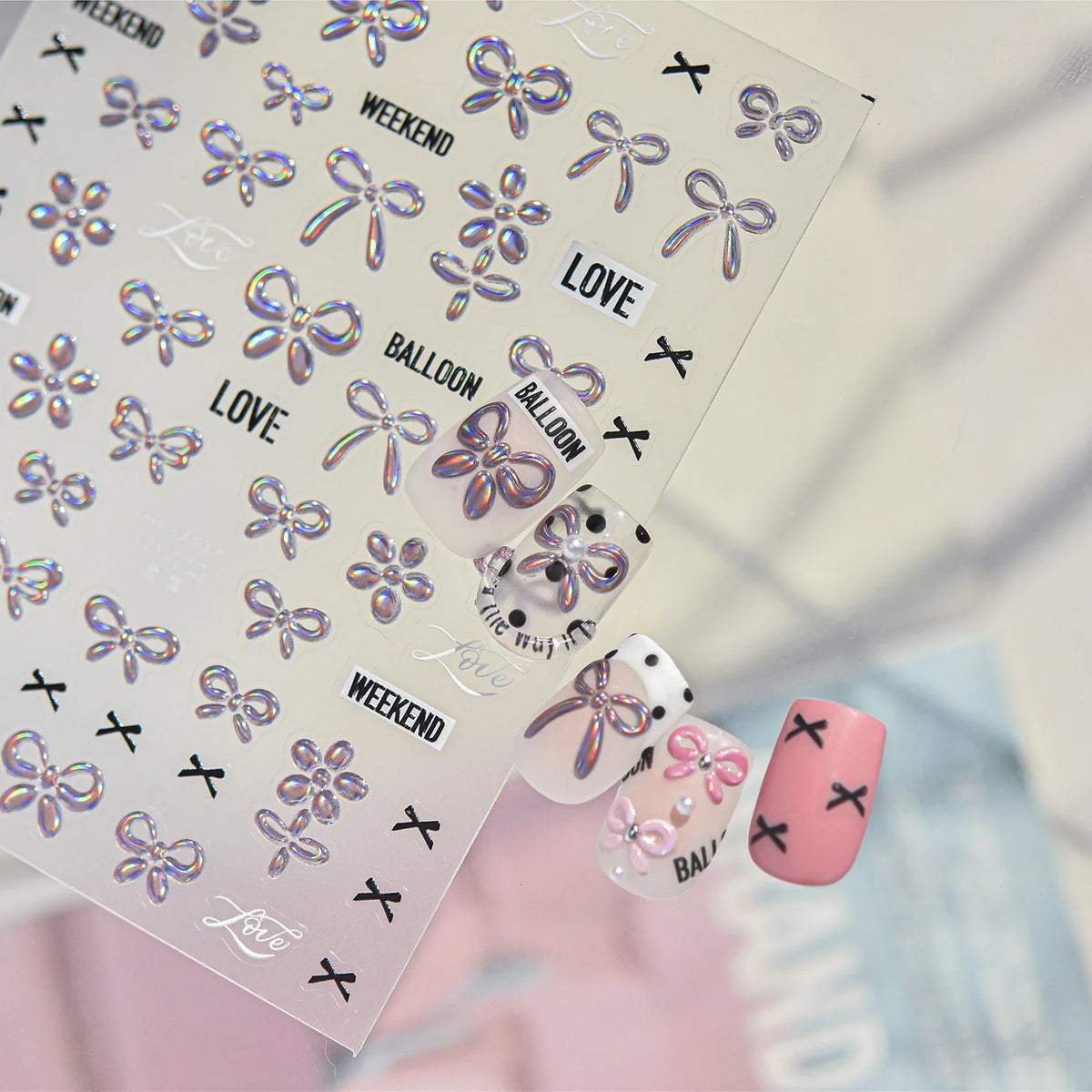 5D Holographic Nail Stickers – Bow & Flower Y2K Decals Nail Art Stickers QXL